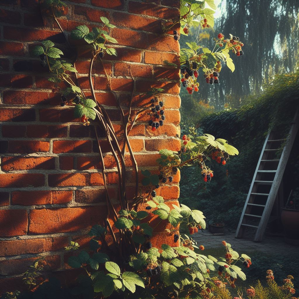 Blackberries growing against the wall of a house